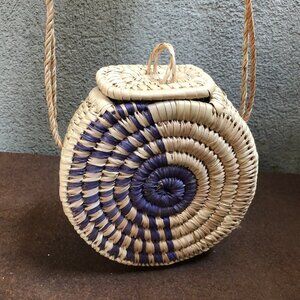 Vintage Handmade Straw Rattan Circle Purse Crossbody Shoulder Bag Boho Coastal